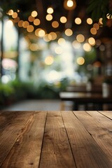 Wooden table blurred background of restaurant of cafe with bokeh - obrazy, fototapety, plakaty