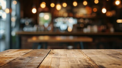 Wooden table blurred background of restaurant of cafe with bokeh - obrazy, fototapety, plakaty