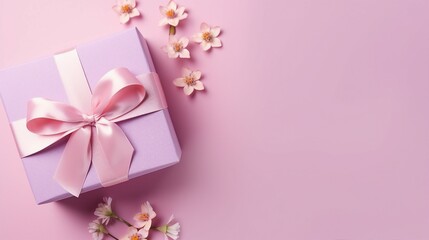 Charming Woman's Day Gift Composition with Elegant Boxes, Pink Ribbon, Hearts, and Prairie Gentian Flowers on Pastel Pink Background - Celebration Concept with Copyspace for Special Occasions and Holi