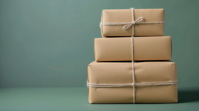 Stacked brown packages tied with string.