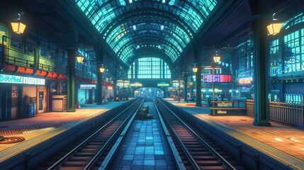 Futuristic Cyberpunk Glitch Train Station with Dynamic Light Trails