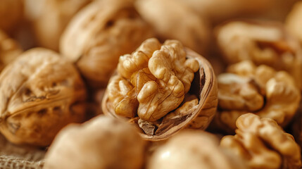 Fototapeta premium Walnuts in shells clustered on a textured surface.