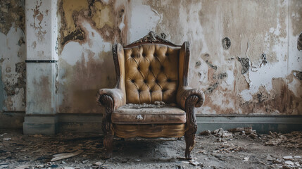 Old armchair against a dilapidated wall.