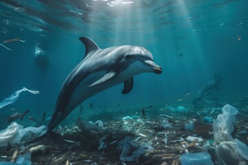 Dolphin near plastic trash at the ocean