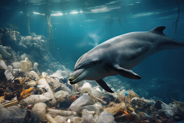 Fototapeta premium Dolphin near plastic trash at the ocean