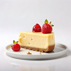 Cheesecake with raspberries and chocolate on a white background