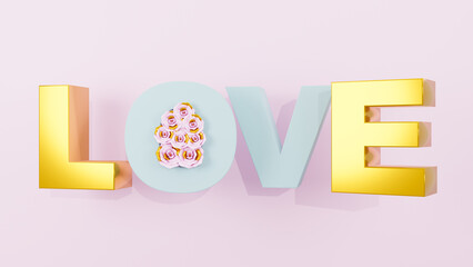 Happy Valentine's Day, text love and rose on pink pastel background. 3d rendering