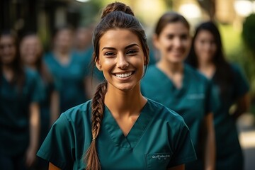 Confident female medical professionals in green scrubs - obrazy, fototapety, plakaty