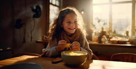 a soup advertisement showing a girl having
