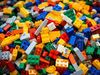 Pile of multi-colored plastic Lego pieces on table - obrazy, fototapety, plakaty