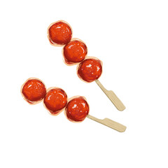 Set of Tang Hu Lu , Jujube coated in a hardened sugar syrup. Water color hand drawing close up food illustration on white background. Chinese traditional snack, sweet, fruit snack.