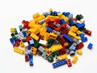 Pile of multi-colored plastic Lego pieces on white background