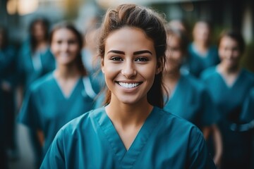 Confident female healthcare professional with colleagues in the background