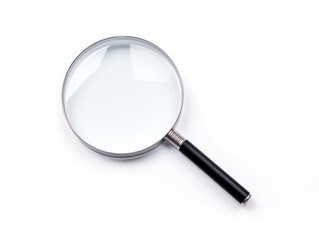 White magnifying glass or lens with black handle, top view isolated on white background