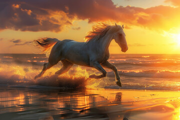 a horse running on the beach at sunset