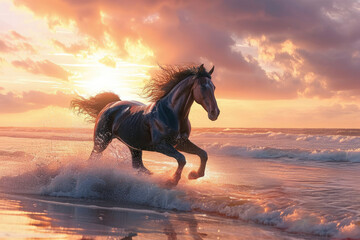 a horse running on the beach at sunset
