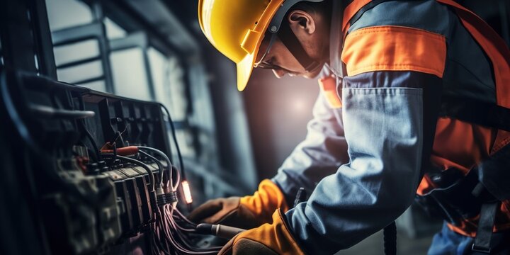 technician wearing hardhat and safety vest works on electrical panel