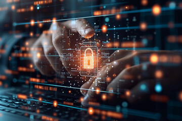 Businessman secures data on a virtual screen, verifying identity via digital padlock. This AI image embodies cyber resilience, safeguarding business data and privacy against potential cyber threats.