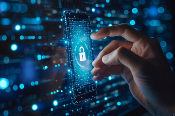 Businessman secures data on a virtual screen, verifying identity via digital padlock. This AI image embodies cyber resilience, safeguarding business data and privacy against potential cyber threats.