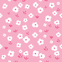 floral hand drawn seamless pattern. Design for kids. Pink background.