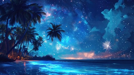 Fototapeta na wymiar Enchanting Ocean Bliss: Starlit Sky, Coconut Palms, and Fiery Fireworks