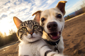 cat and dog taking selfie