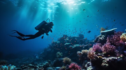 A scuba diver is submerged in a tropical ocean coral reef, Generative AI. - obrazy, fototapety, plakaty