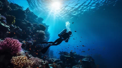 Foto op Canvas A scuba diver is submerged in a tropical ocean coral reef, Generative AI. © Noobs