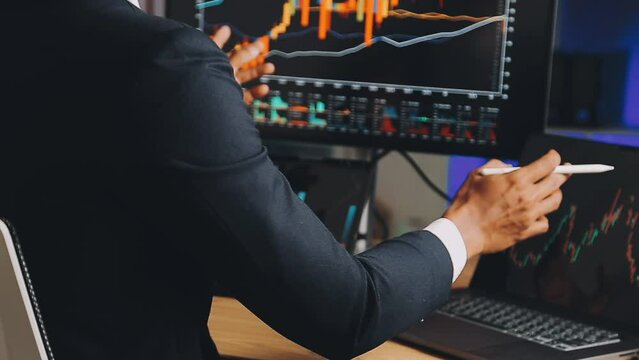 Financial Analyst Working on a Computer with Multi-Monitor Workstation with Real-Time Stocks, Commodities and Foreign Exchange Charts. Businessman Works in Investment Bank City Office at Night.