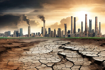 Earth in peril. Global Warming and pollution theme. Cracked land, factories, and cityscape. Promote CO2 Reduction, Climate Change Awareness, and Sustainable Development. Earth Day concept.