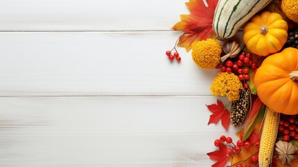 Capturing the Essence of Thanksgiving: A Vertical Top-View Composition with Pumpkins, Pine Cones, and Raw Vegetables on a White Wooden Table
