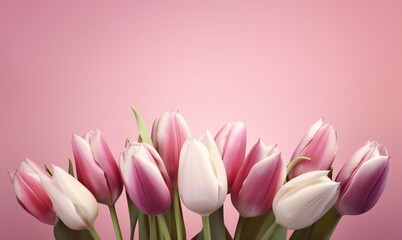 Fototapeta premium Purple tulips on a pink background copy space