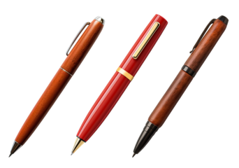 collection of pens isolated on white background, top view