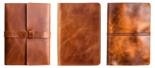 Vintage leather journal notebooks on a isolated transparent background, top view