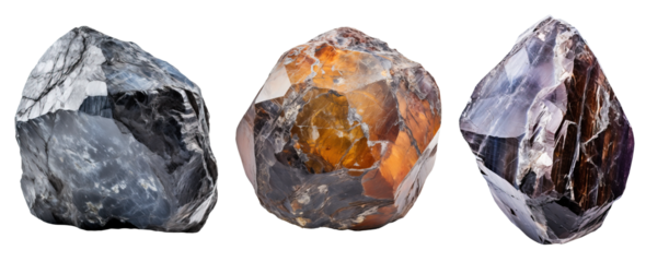 Black crystal magnetite mineral rock isolated on a transparent background, front view