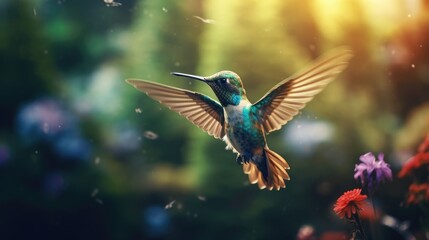 Flying hummingbird with green forest in background. Small colorful bird in flight. 
