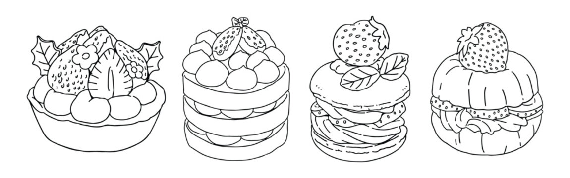 Dessert line art, Line art drawing dessert and sweet cake drawing abstract minimal, For coloring book, Vector illustration.