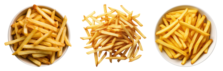 french fries isolated on a transparent background, top view