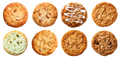 a collection of different cookies and biscuits isolated on a white background, top view