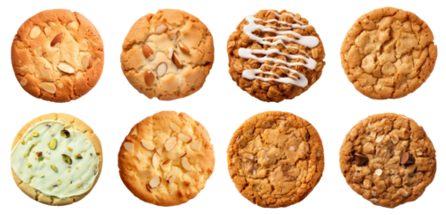 a collection of different cookies and biscuits isolated on a white background, top view