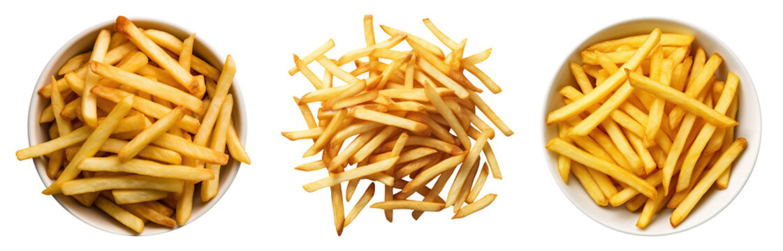 french fries isolated on a transparent background, top view