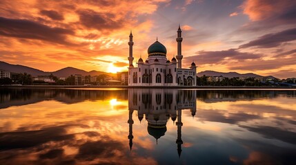 Obraz premium Sunset scenery of Kota Kinabalu city Mosque, Sabah Borneo, Malaysia