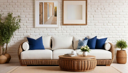French country farmhouse home interior design of modern living room. Wicker round coffee table near white sofa with blue pillows against beige brick wall with poster frame