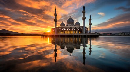 Obraz premium Sunset scenery of Kota Kinabalu city Mosque, Sabah Borneo, Malaysia