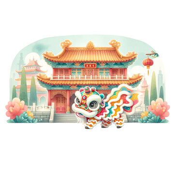 recommend clip art: Watercolor clipart of lion dance on the background of the Chinese temple
