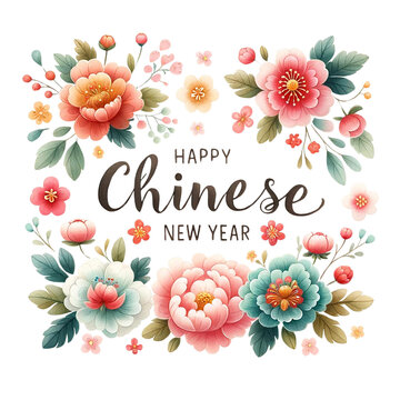 Watercolor clipart of Happy Chinese New Year greeting card with floral frame.