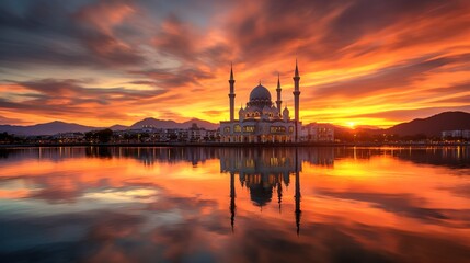 Sunset scenery of Kota Kinabalu city Mosque, Sabah Borneo, Malaysia