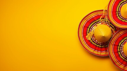Cinco de Mayo Celebration Concept with Colorful Sombrero, Striped Poncho, and Maracas on Vibrant Yellow Background. Festive Mexican Holiday Fiesta with Traditional Music and Cultural Decorations.