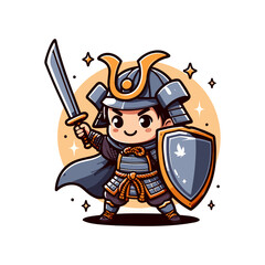 Vector illustration of a cute little boy fighting with a sword and shield and wearing samurai armor EPS file