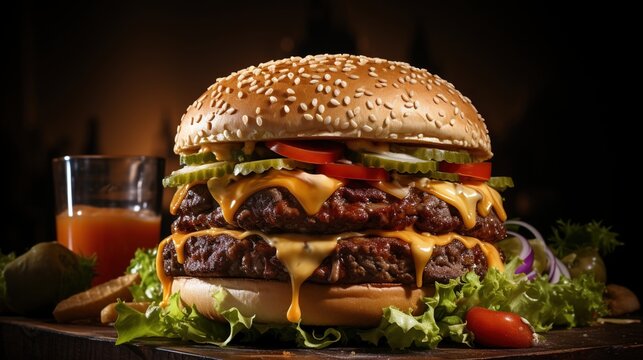 A delicious double cheeseburger with fries and a drink